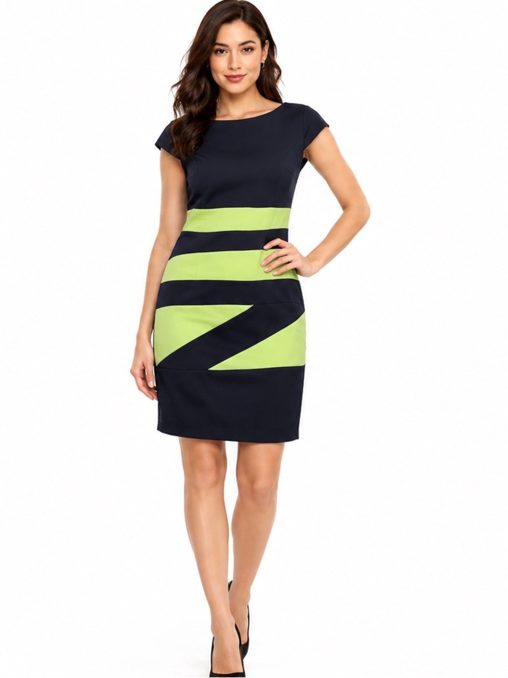 AGB Colorblock Sheath Dress Size 6 Navy Blue Lime Green Geometric Panel Career